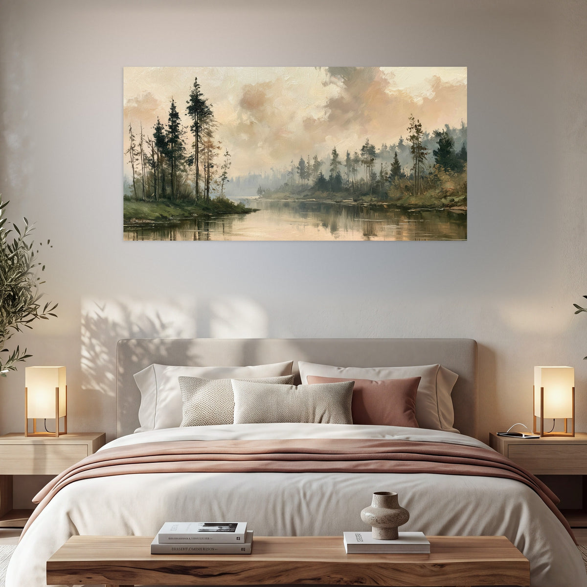 Misty pine river painting poster print in a bedroom above the bed