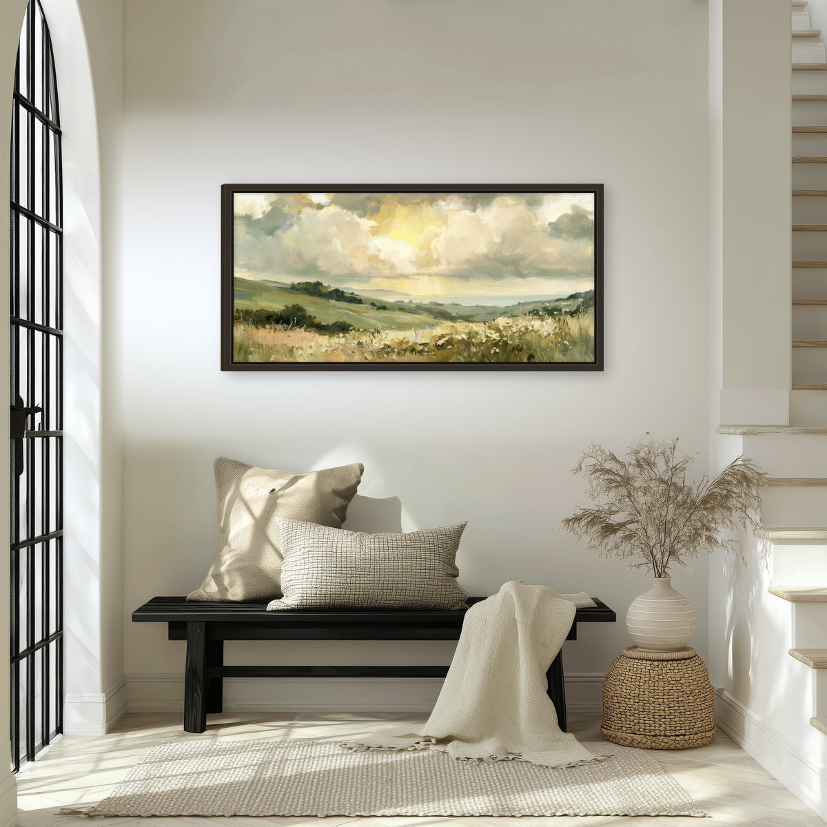 Sunlit meadow hills painting framed canvas wall art in an entryway above a bench