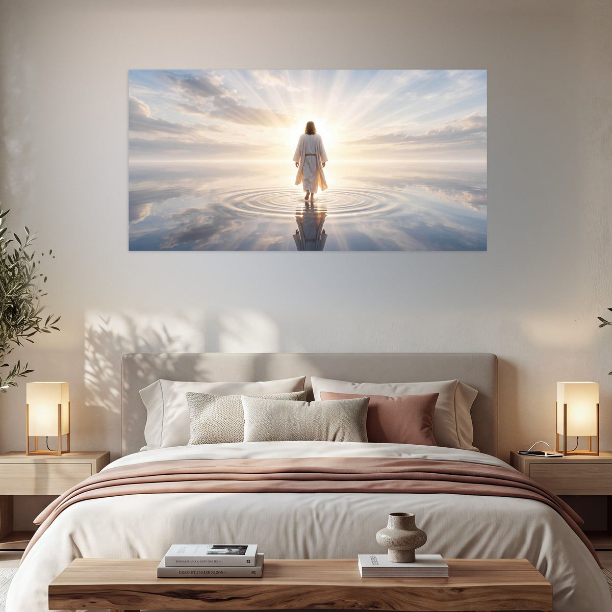 Jesus walking on water painting poster print in a bedroom above the bed