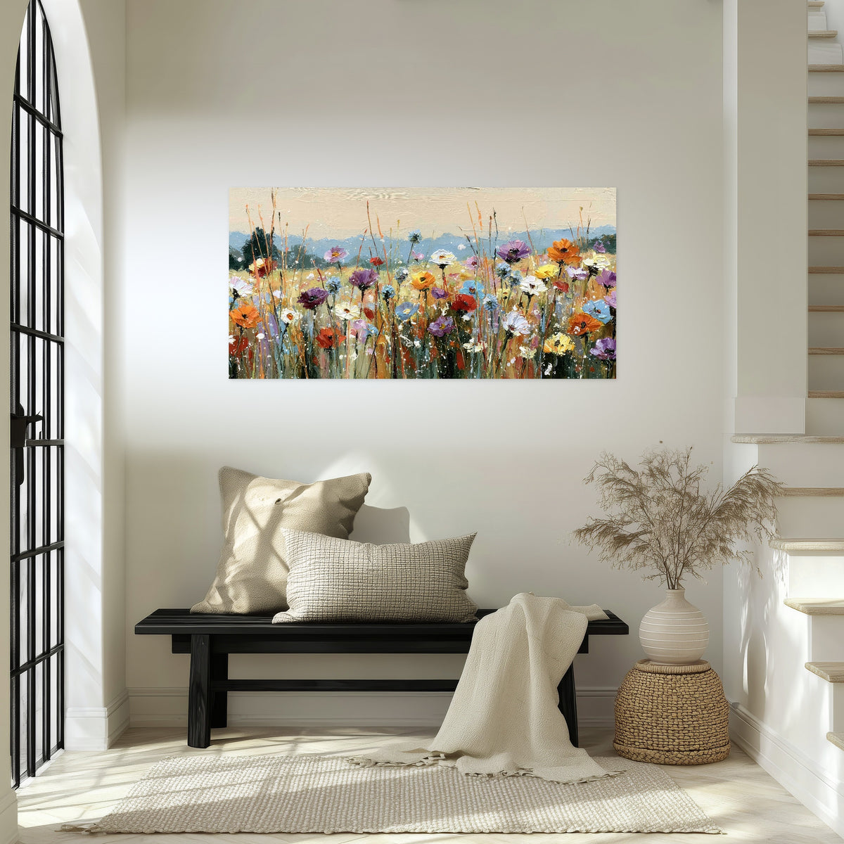 Colorful wildflower meadow painting poster print in an entryway above a bench
