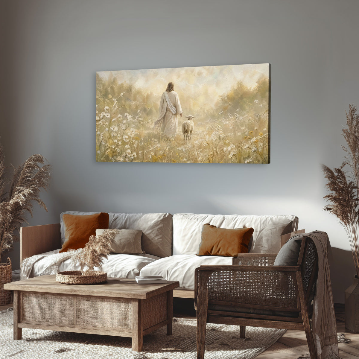 Jesus and the lamb painting canvas wall art in a rustic living room