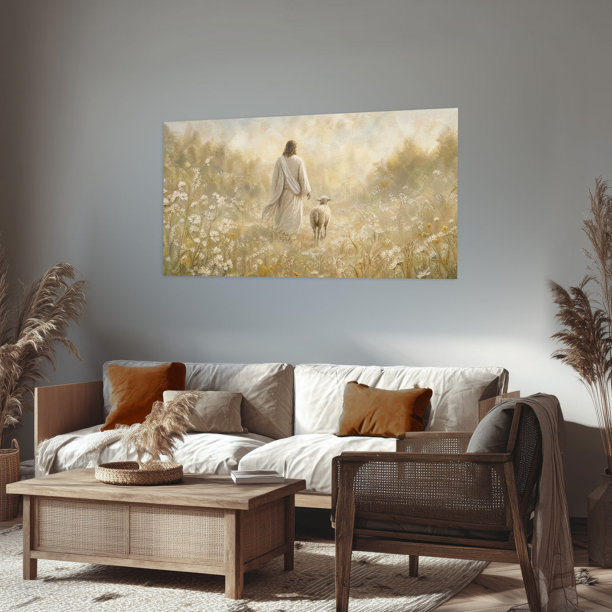 Jesus and the lamb painting poster print in a rustic living room