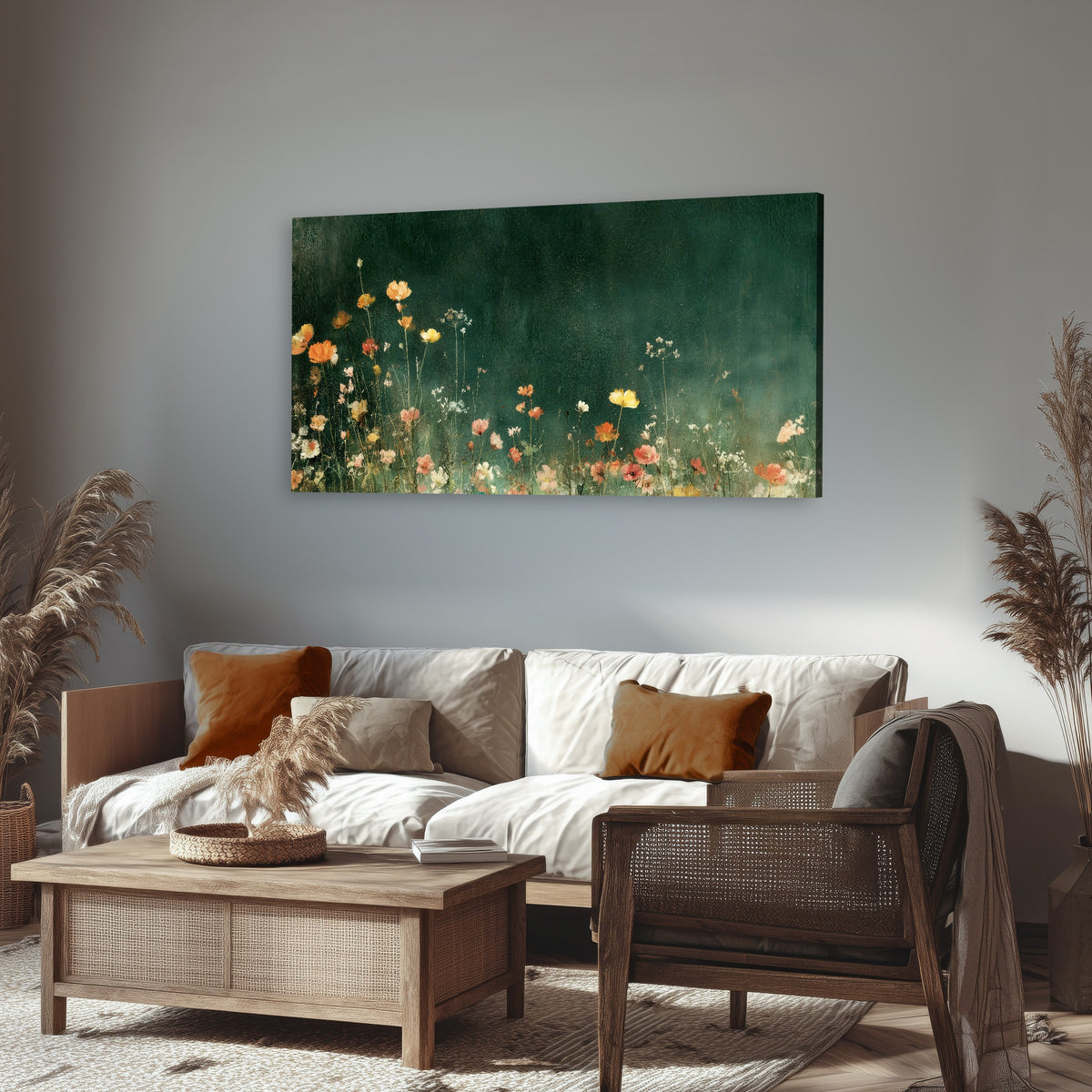 Dark green wildflower painting canvas wall art in a rustic living room