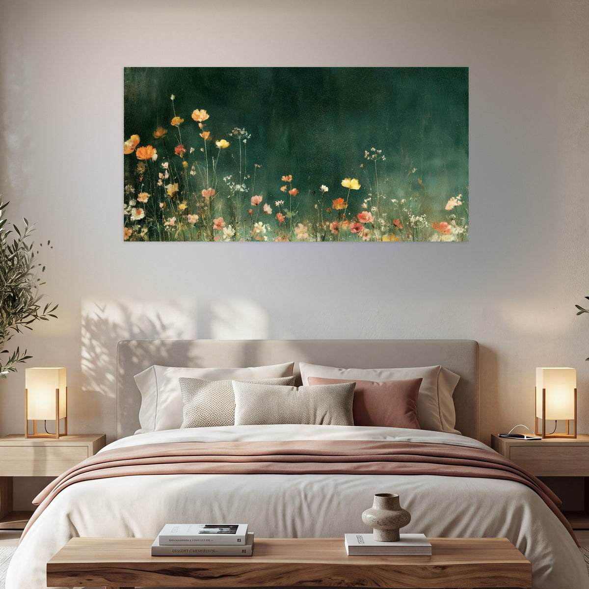 Dark green wildflower painting poster print in a bedroom above the bed