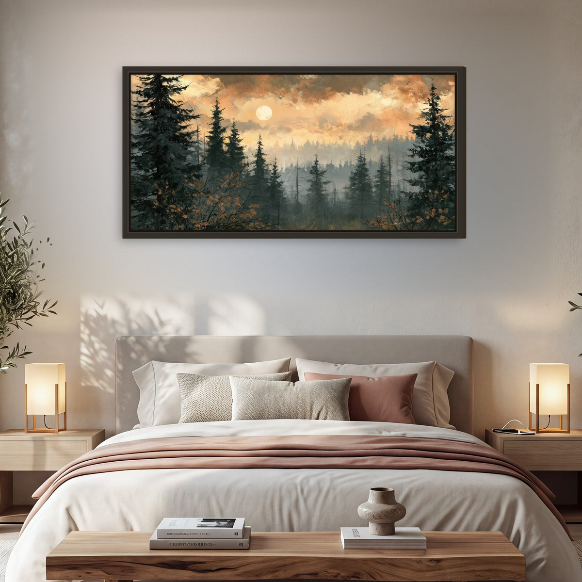 Misty pine forest painting framed canvas wall art in a bedroom above the bed