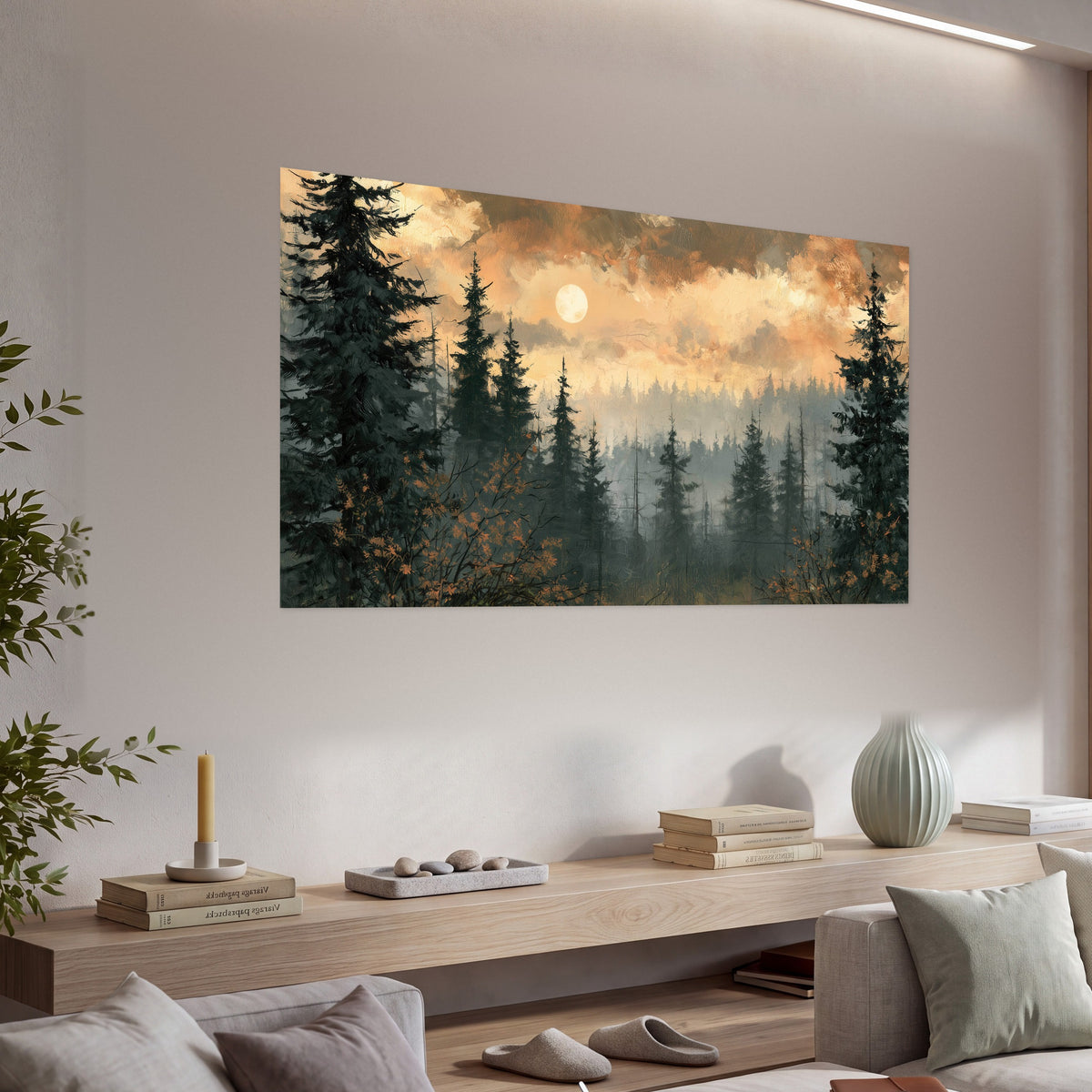 Misty pine forest painting poster print in a living room above a console