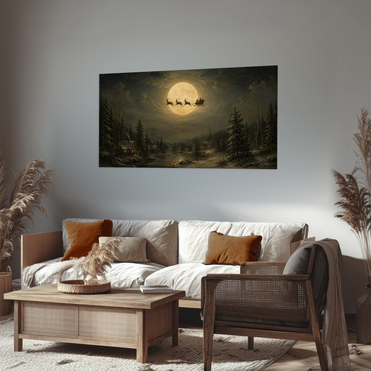 Santa sleigh full moon painting poster print in a rustic living room