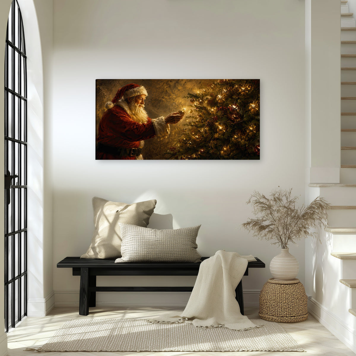 Santa and Christmas tree painting canvas wall art in an entryway above a bench