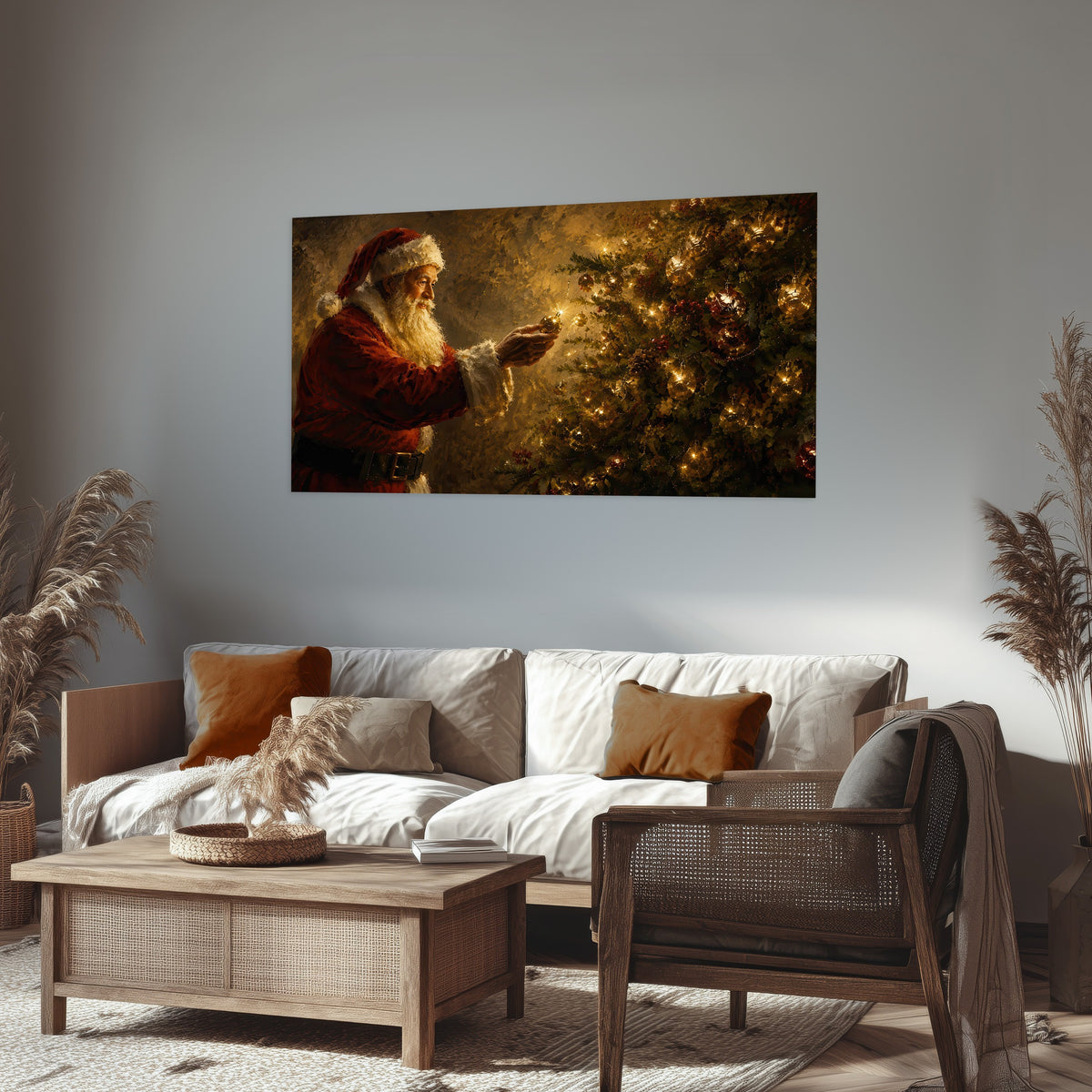 Santa and Christmas tree painting poster print in a rustic living room