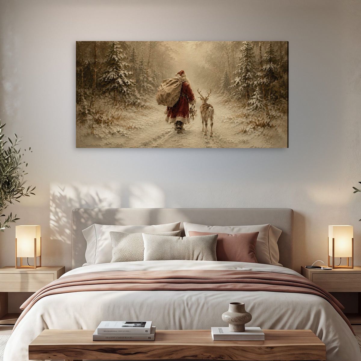 Santa and reindeer painting canvas wall art in a bedroom above the bed