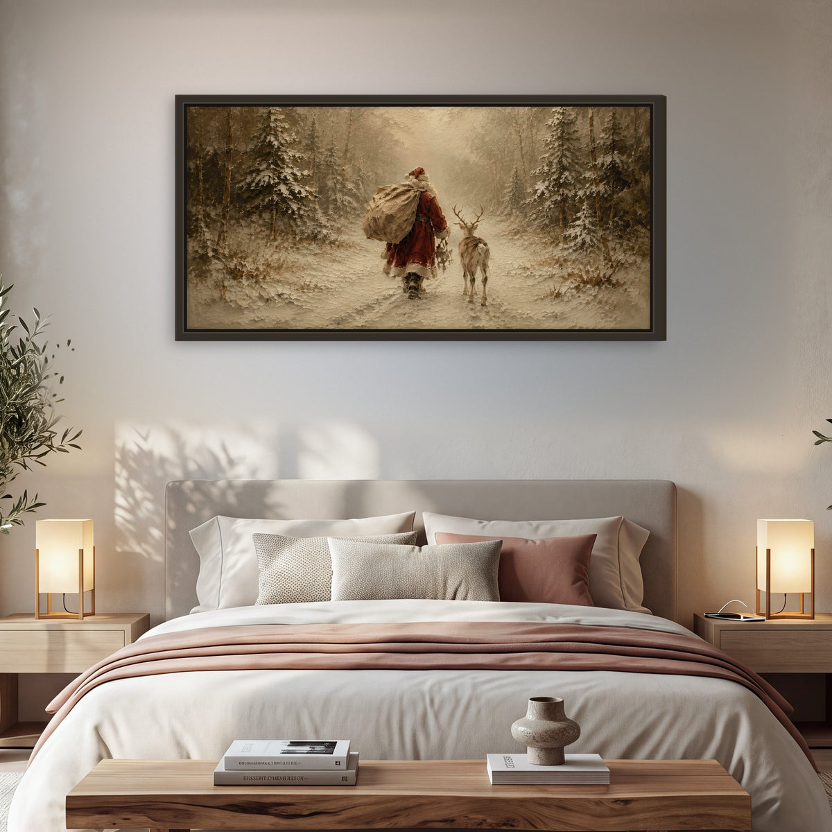 Santa and reindeer painting framed canvas wall art in a bedroom above the bed