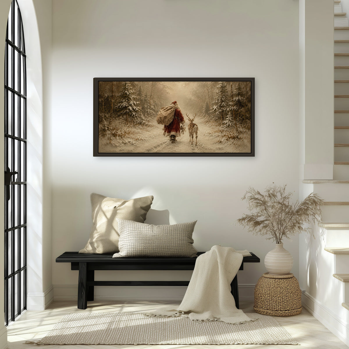 Santa and reindeer painting framed canvas wall art in an entryway above a bench