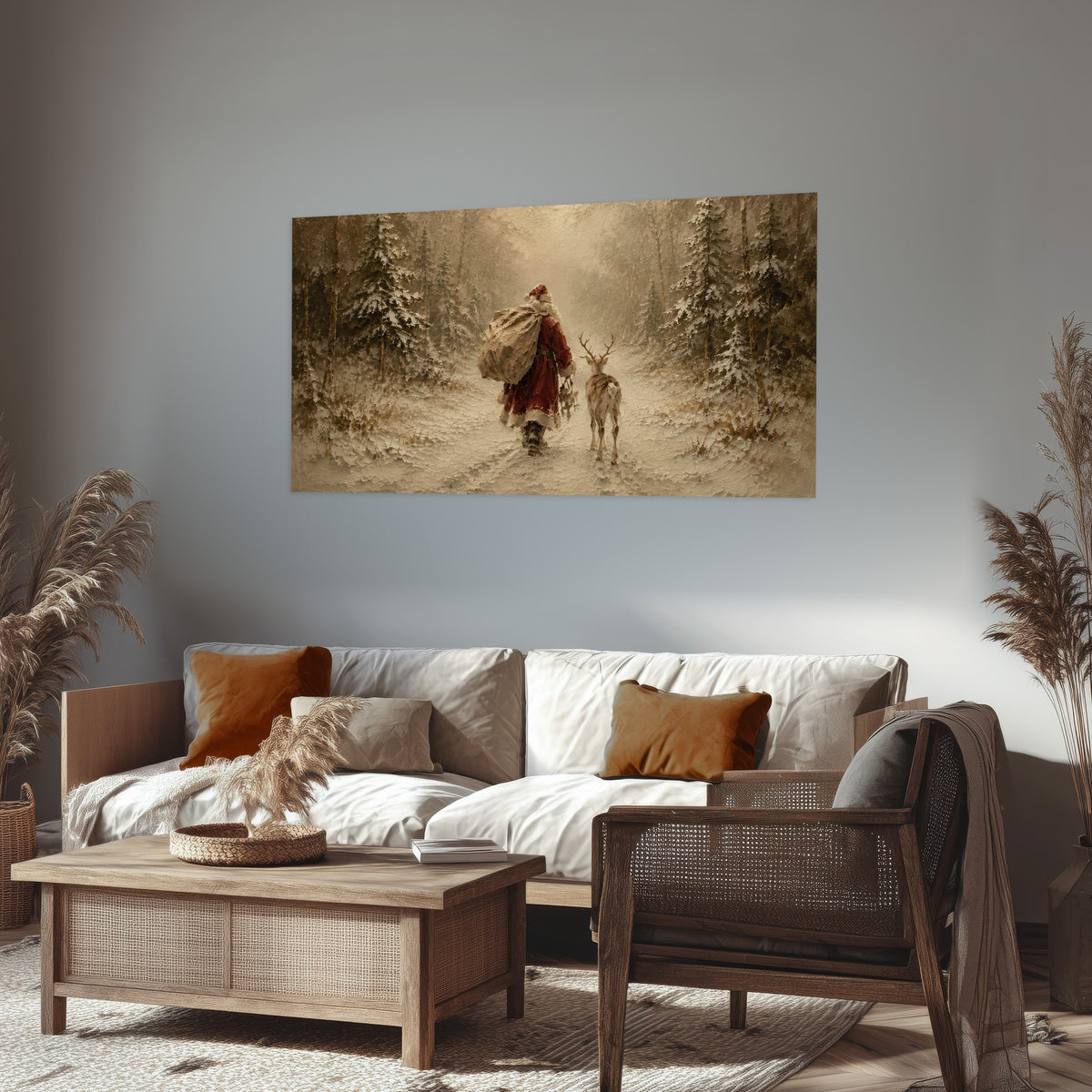 Santa and reindeer painting poster print in a rustic living room