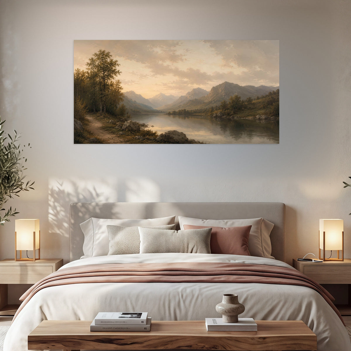 Golden mountain lake painting poster print in a bedroom above the bed