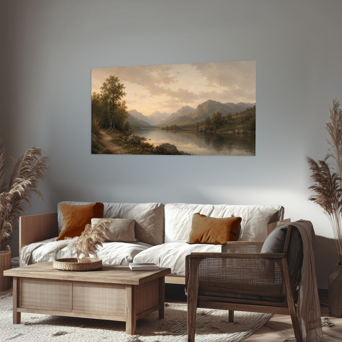 Golden mountain lake painting poster print in a rustic living room
