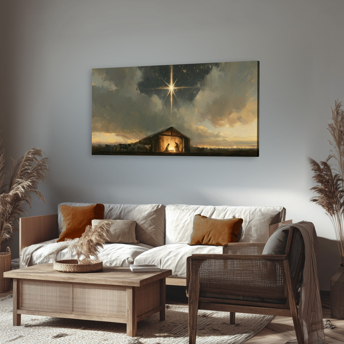 Nativity star of Bethlehem painting canvas wall art in a rustic living room