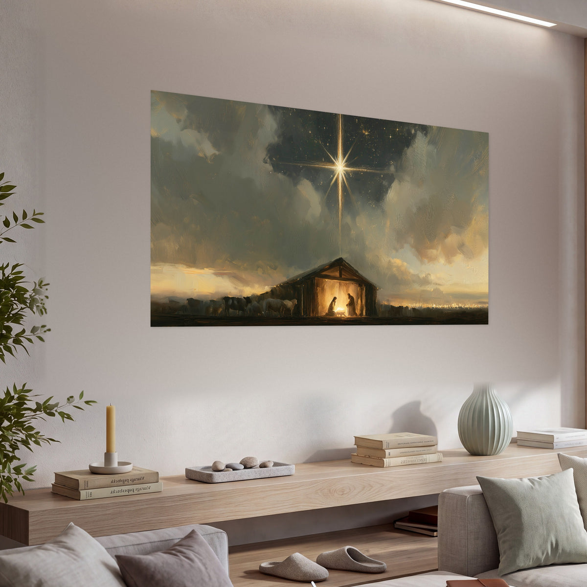 Nativity star of Bethlehem painting poster print in a living room above a console