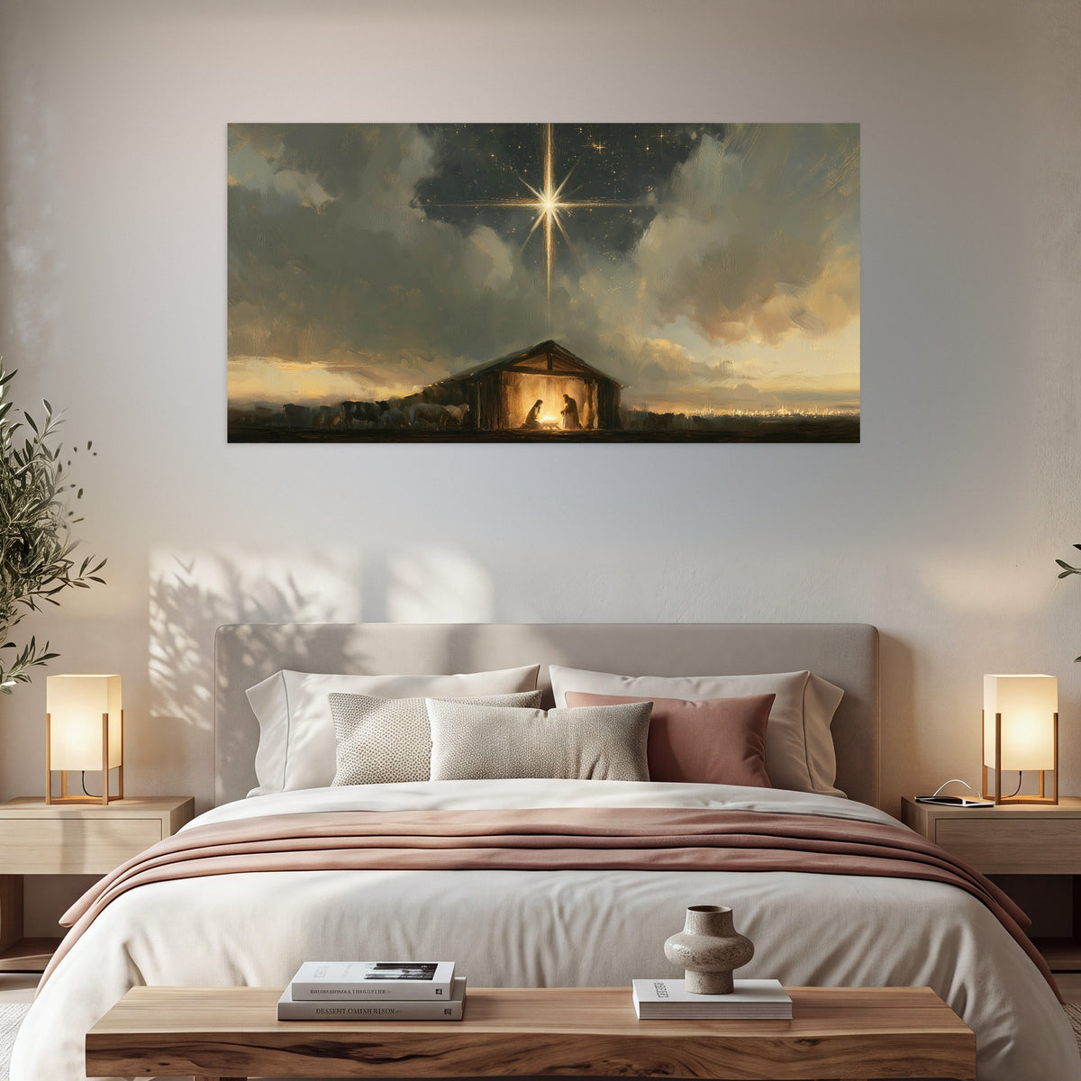 Nativity star of Bethlehem painting poster print in a bedroom above the bed