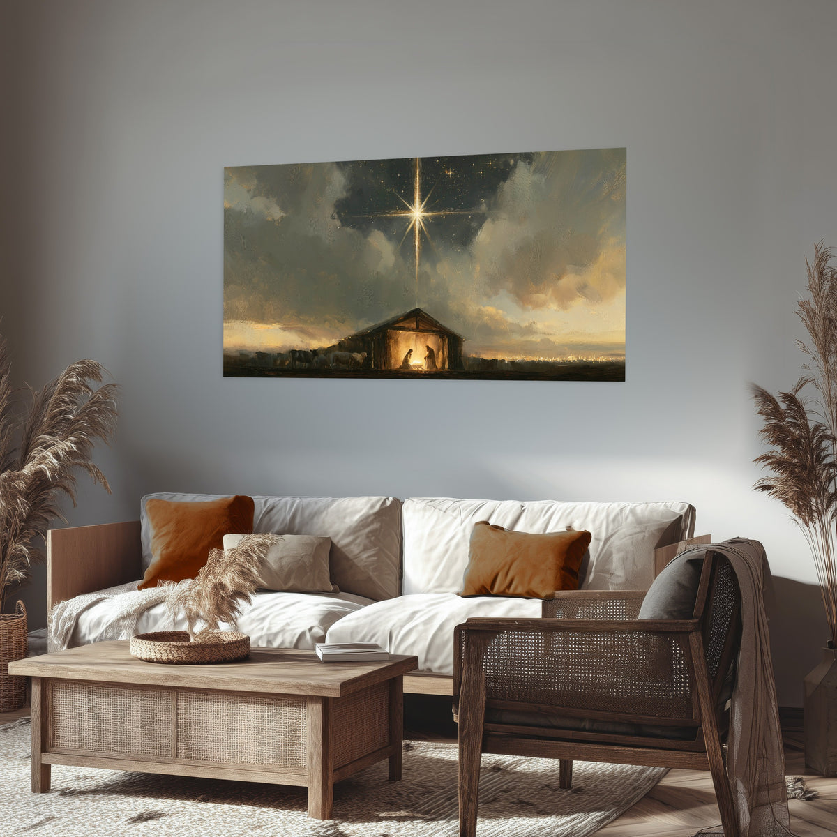 Nativity star of Bethlehem painting poster print in a rustic living room