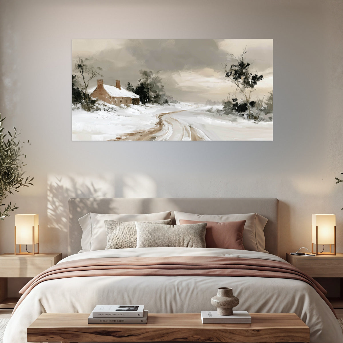 Neutral winter cottage painting poster print in a bedroom above the bed