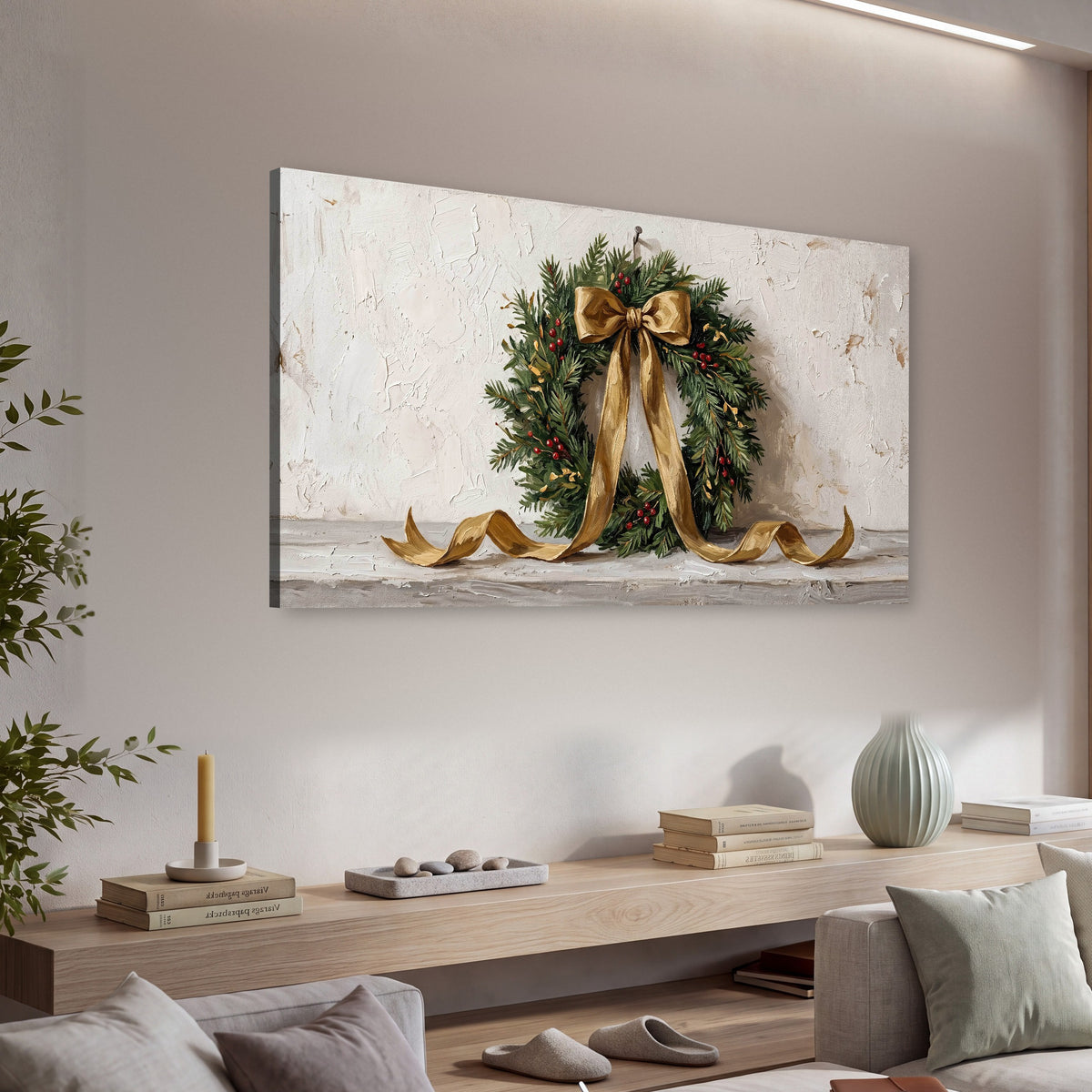 Christmas wreath gold ribbon painting canvas wall art in a living room above a console