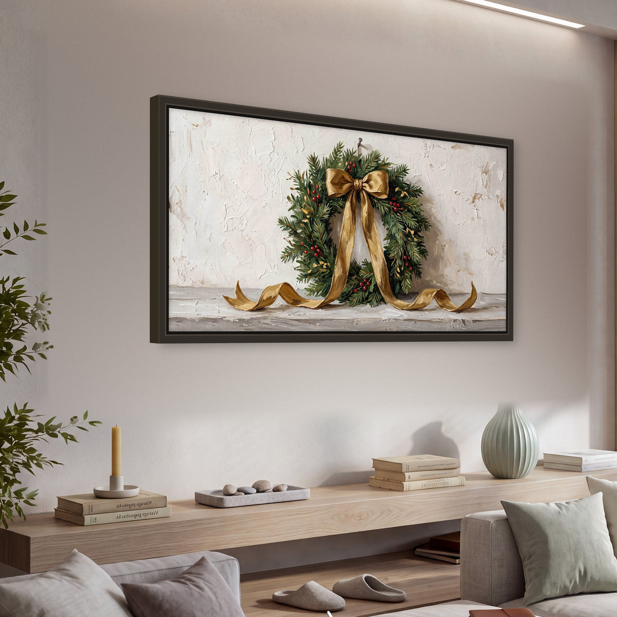 Christmas wreath gold ribbon painting framed canvas wall art in a living room above a console