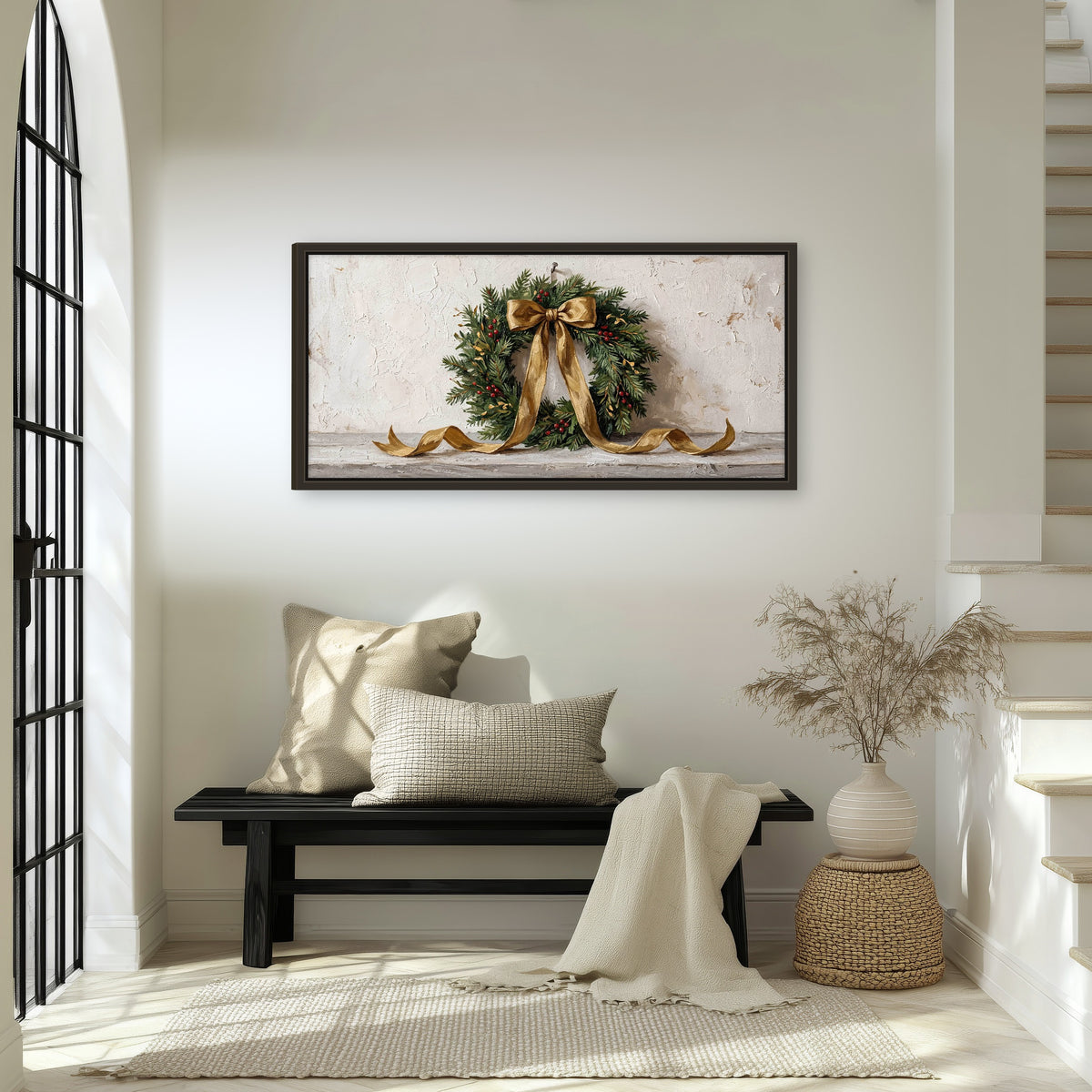 Christmas wreath gold ribbon painting framed canvas wall art in an entryway above a bench
