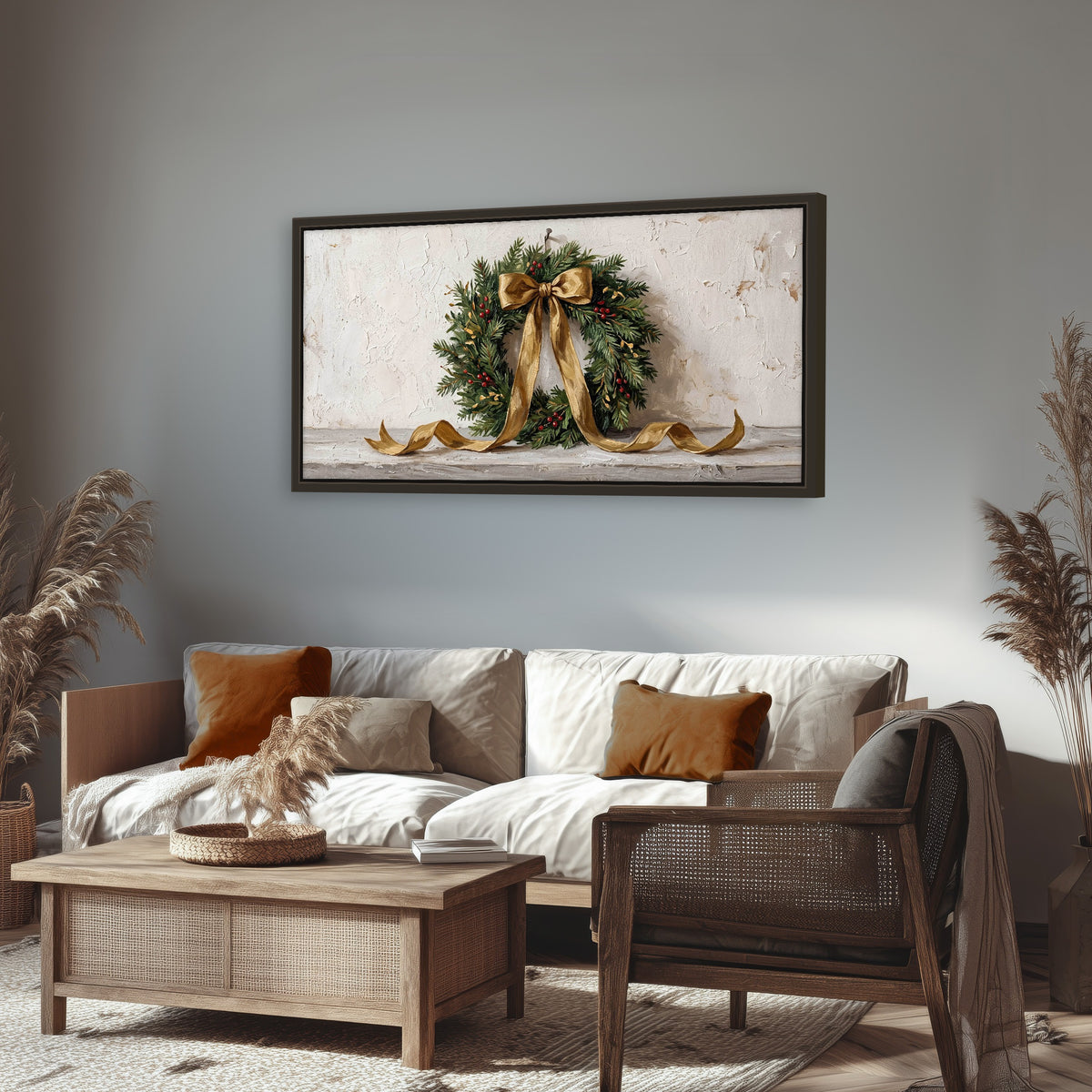 Christmas wreath gold ribbon painting framed canvas wall art in a rustic living room