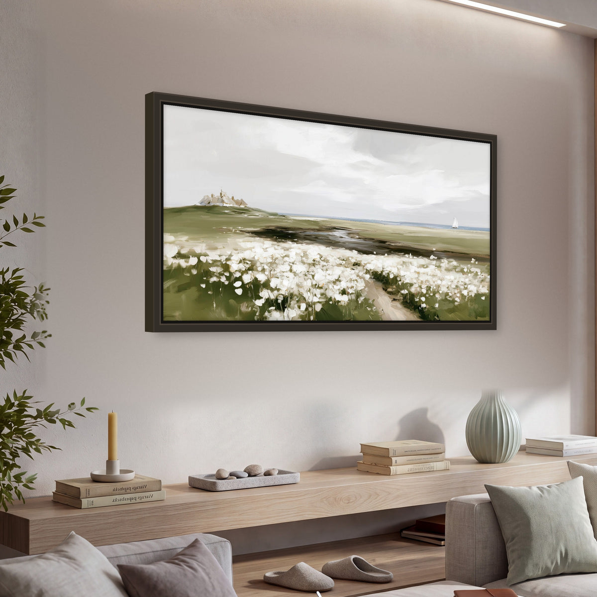 Coastal wildflower meadow painting framed canvas wall art in a living room above a console