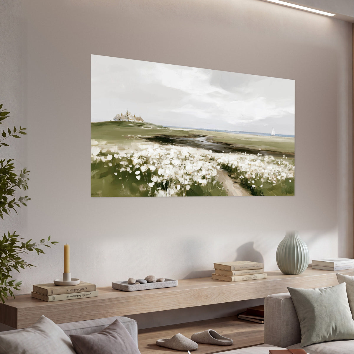 Coastal wildflower meadow painting poster print in a living room above a console