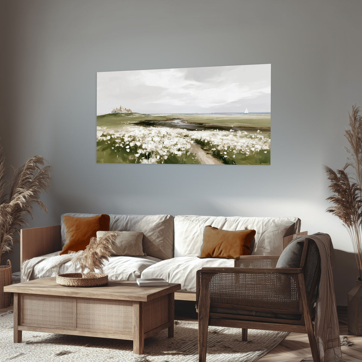 Coastal wildflower meadow painting poster print in a rustic living room