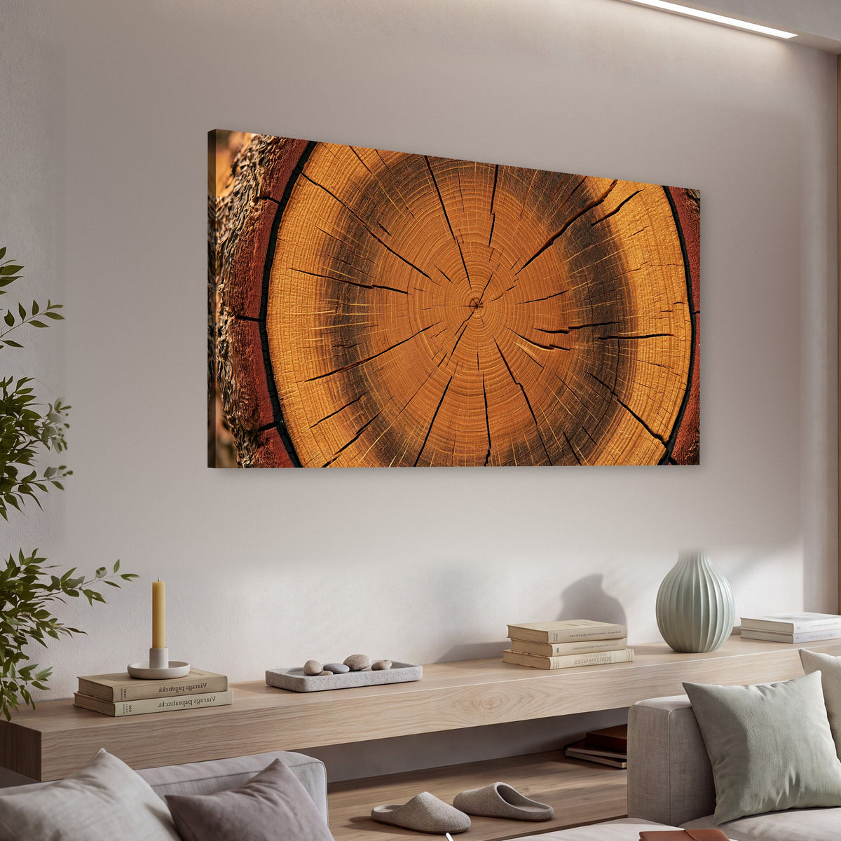 Tree ring wood slice art canvas wall art in a living room above a console