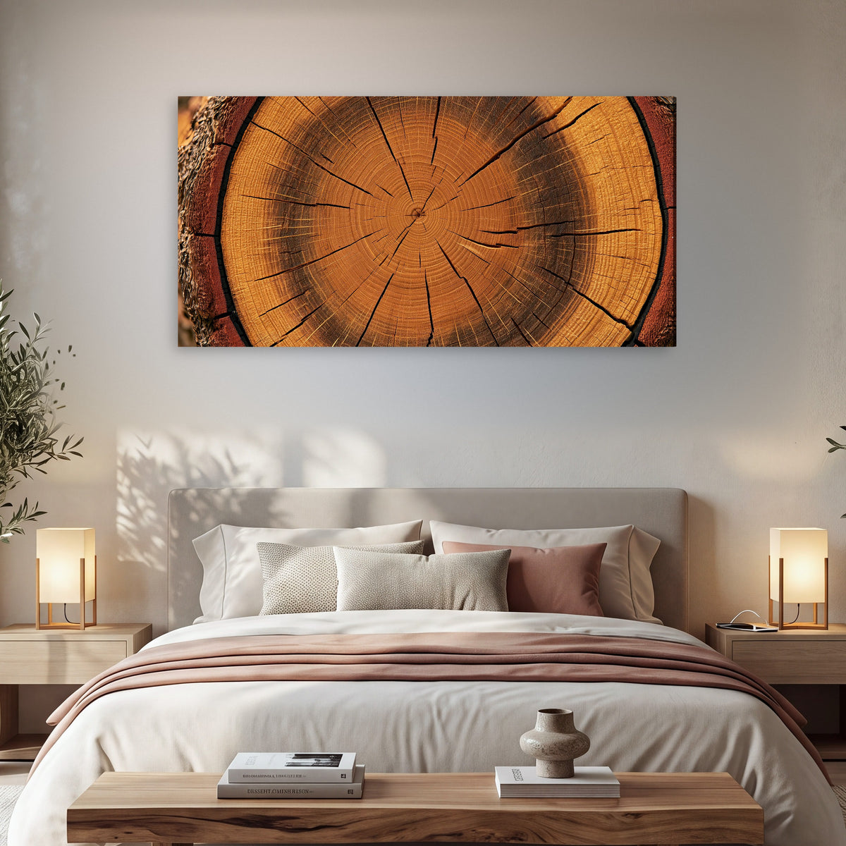 Tree ring wood slice art canvas wall art in a bedroom above the bed