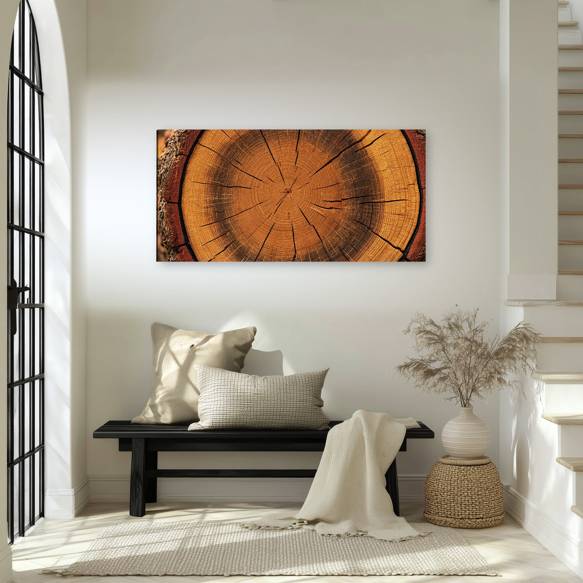 Tree ring wood slice art canvas wall art in an entryway above a bench