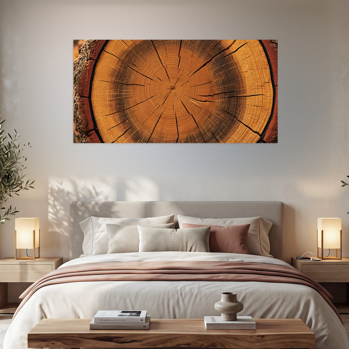 Tree ring wood slice art poster print in a bedroom above the bed