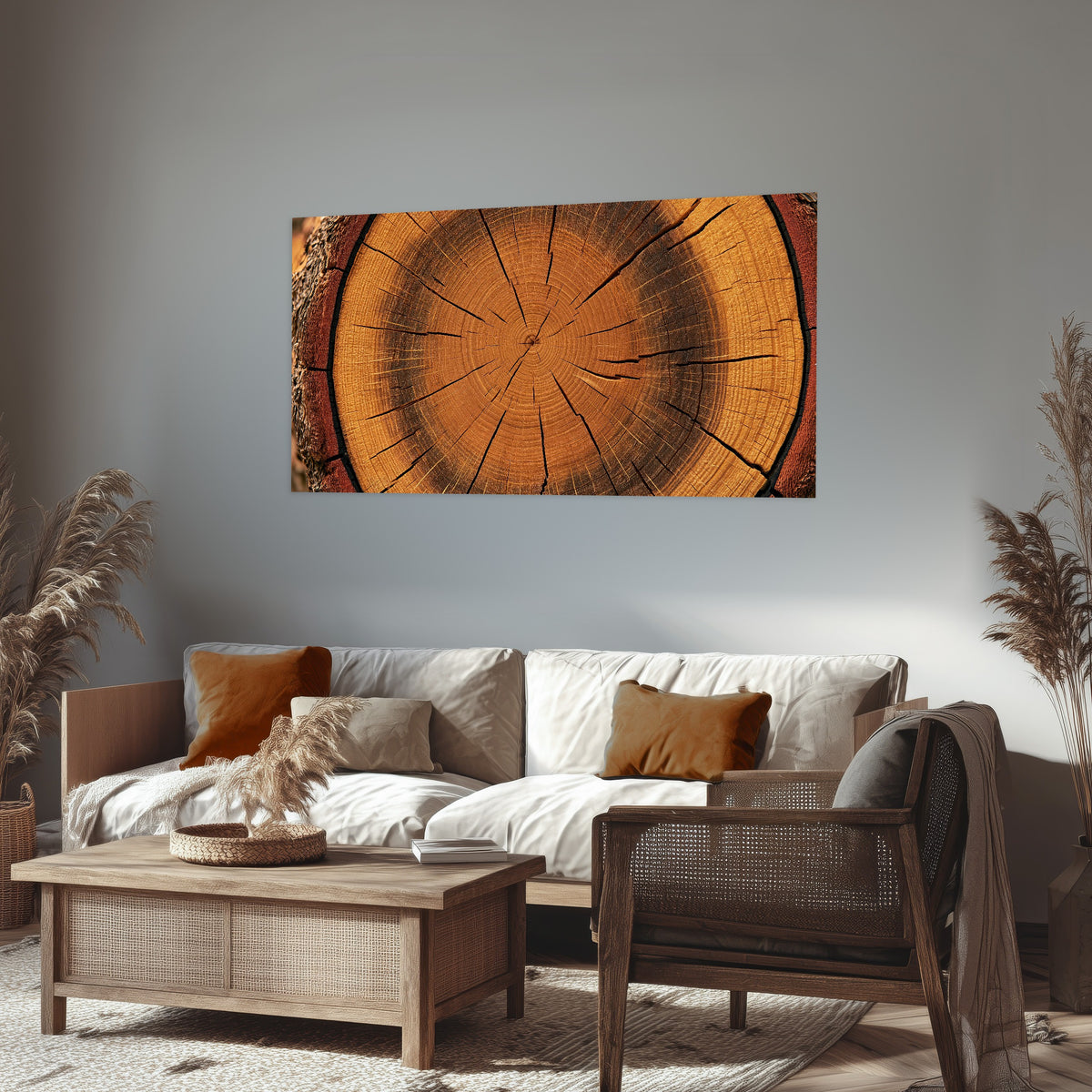 Tree ring wood slice art poster print in a rustic living room