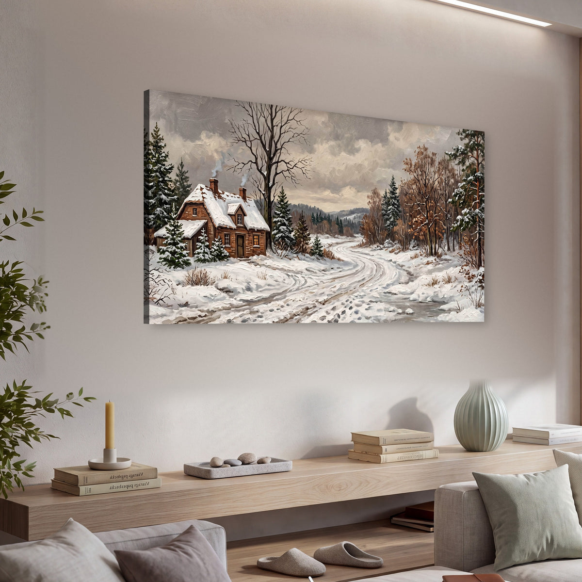 Snowy cottage winter landscape painting canvas wall art in a living room above a console