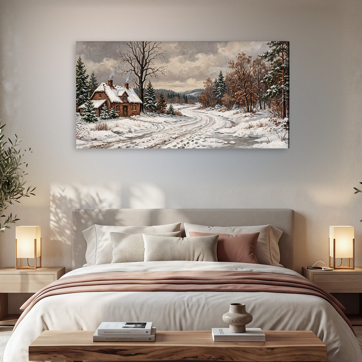Snowy cottage winter landscape painting canvas wall art in a bedroom above the bed