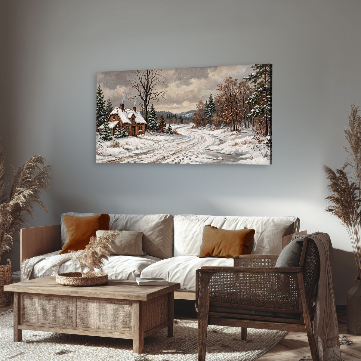 Snowy cottage winter landscape painting canvas wall art in a rustic living room