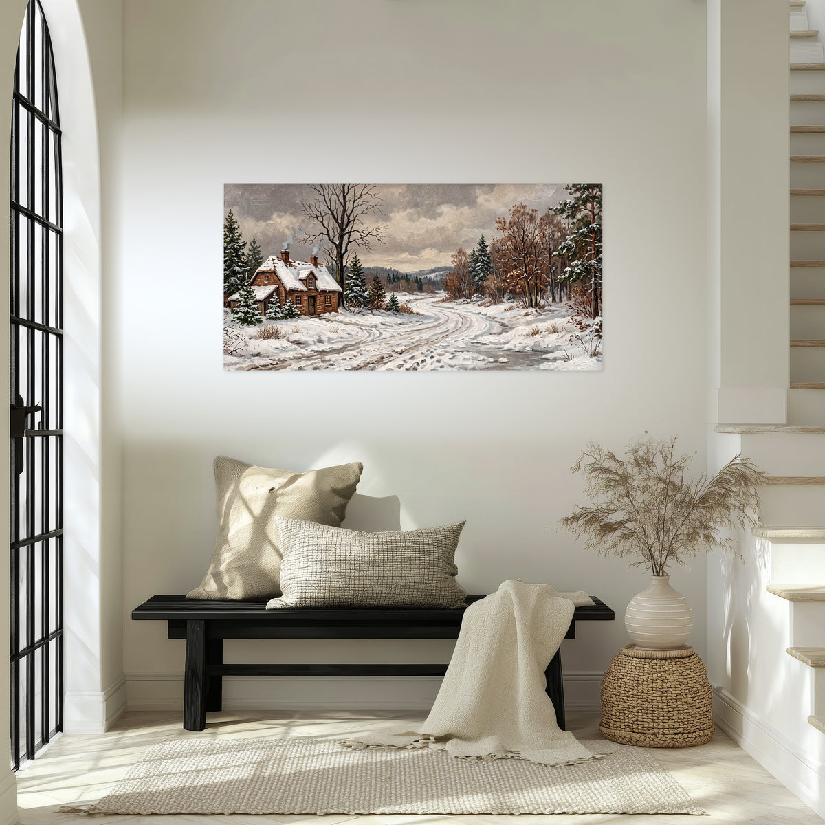 Snowy cottage winter landscape painting poster print in an entryway above a bench