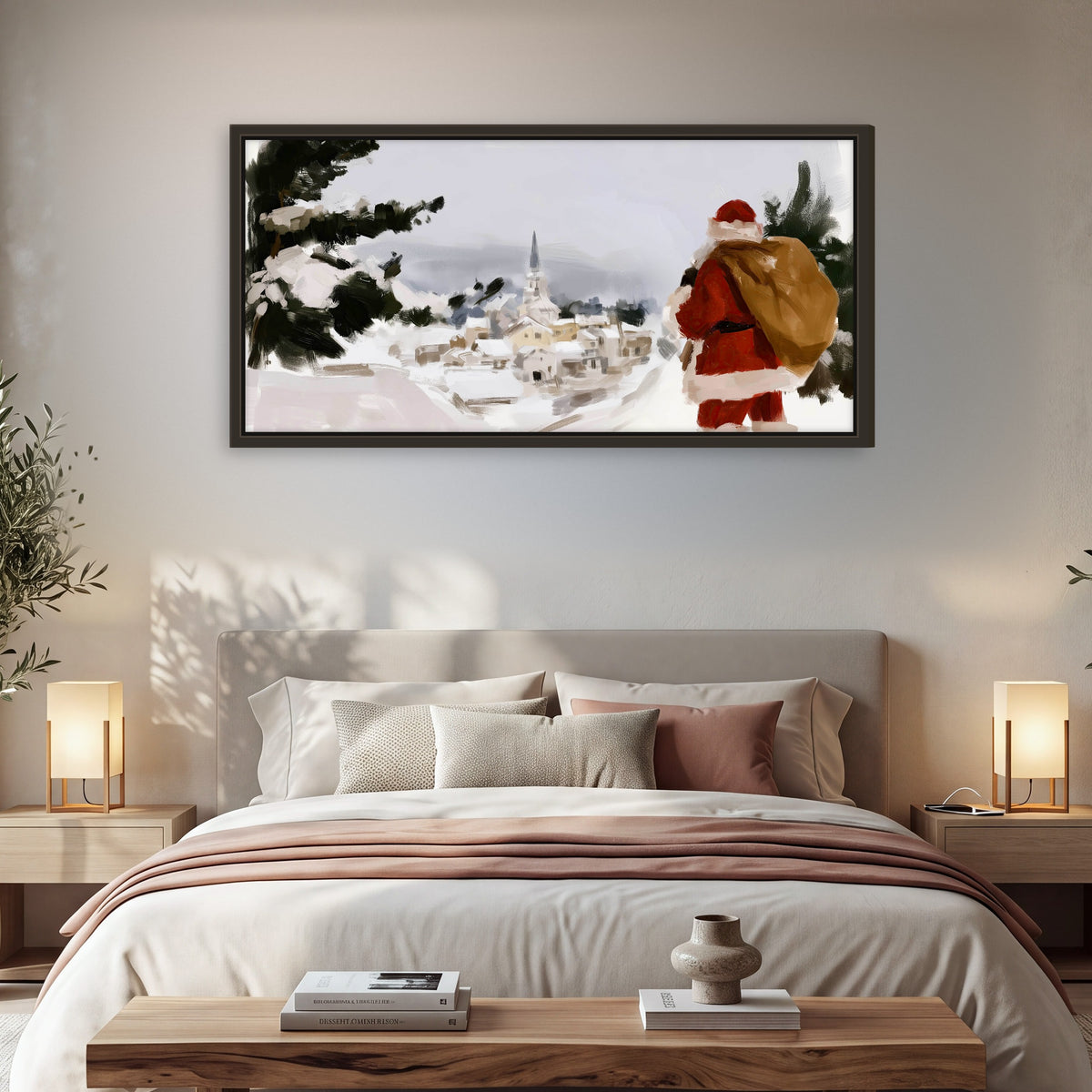 Santa Claus snowy village painting framed canvas wall art in a bedroom above the bed