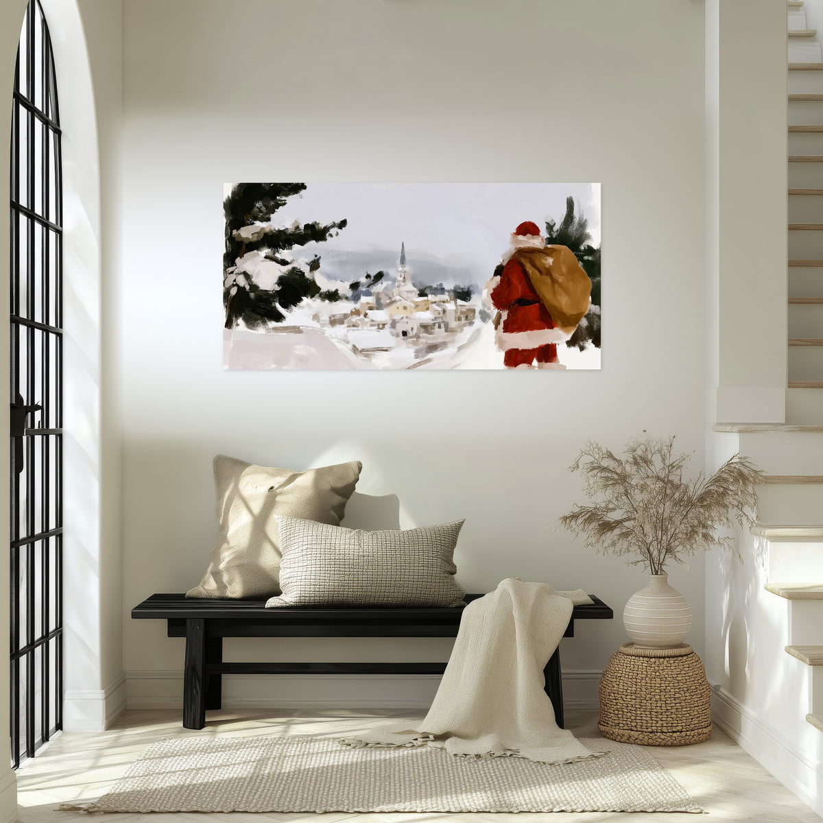 Santa Claus snowy village painting poster print in an entryway above a bench