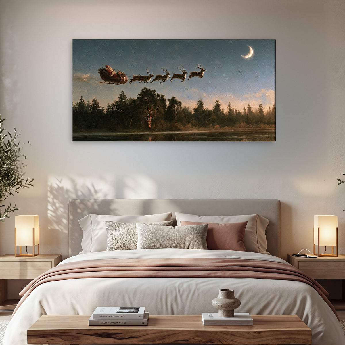 Santa sleigh at dusk painting canvas wall art in a bedroom above the bed