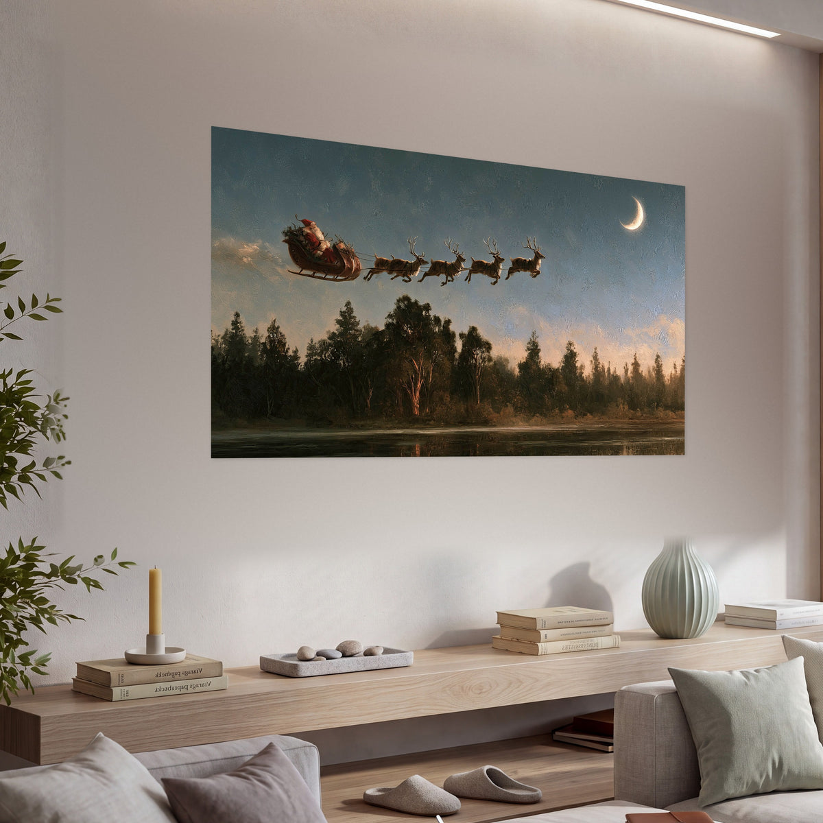 Santa sleigh at dusk painting poster print in a living room above a console