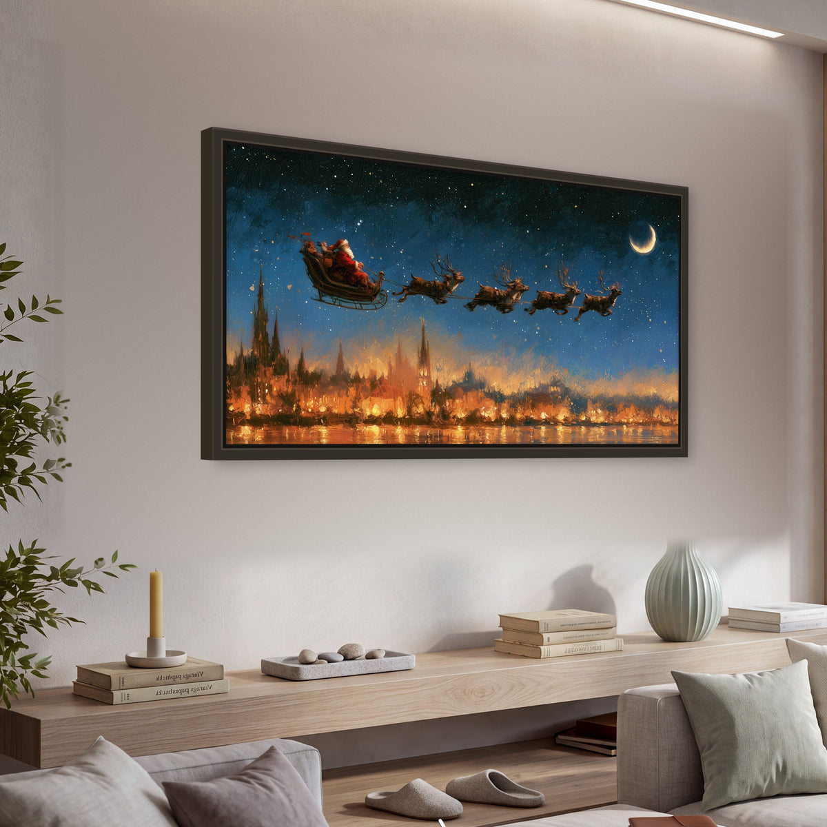 Santa sleigh starry night painting framed canvas wall art in a living room above a console