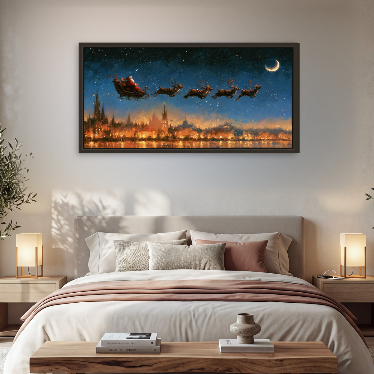 Santa sleigh starry night painting framed canvas wall art in a bedroom above the bed
