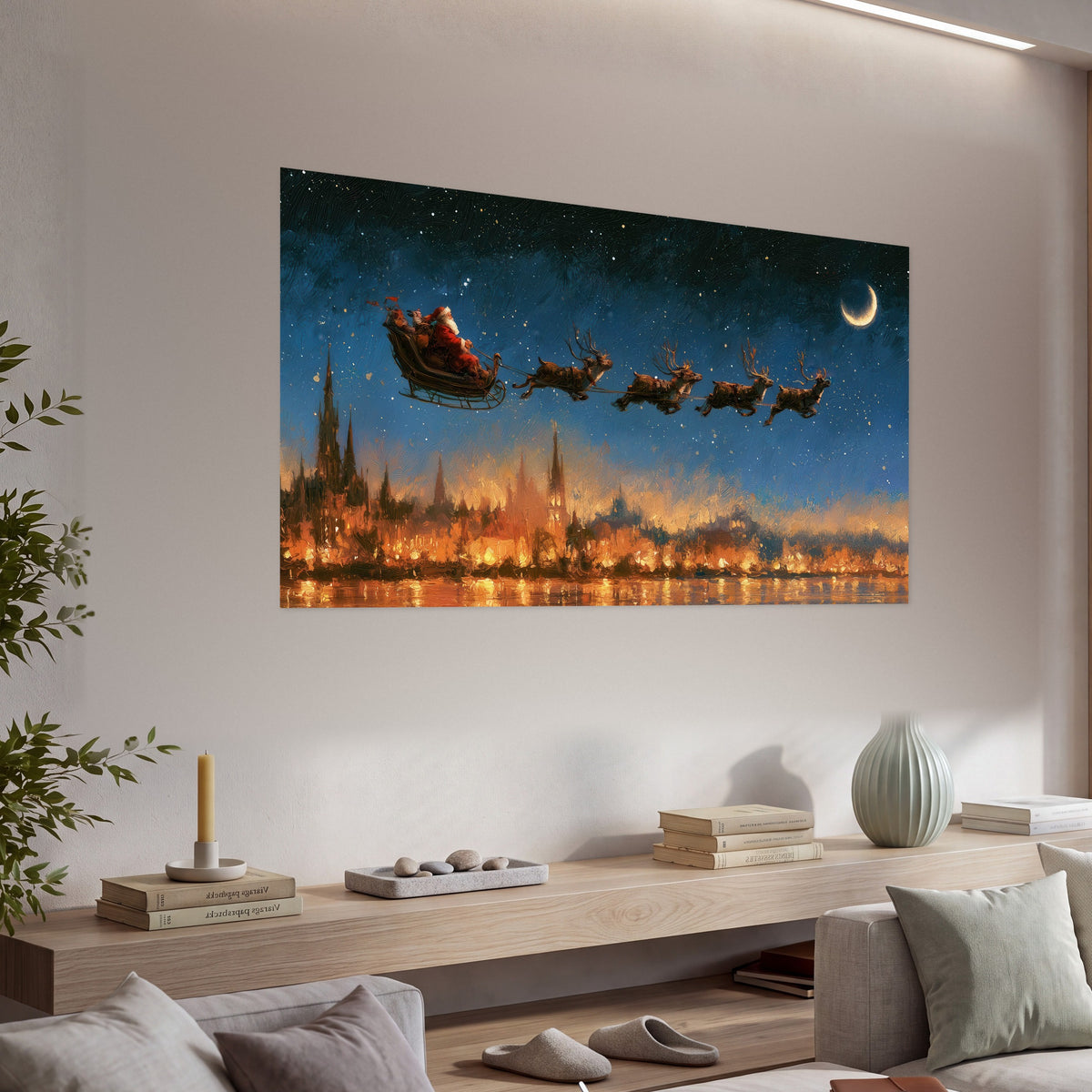 Santa sleigh starry night painting poster print in a living room above a console