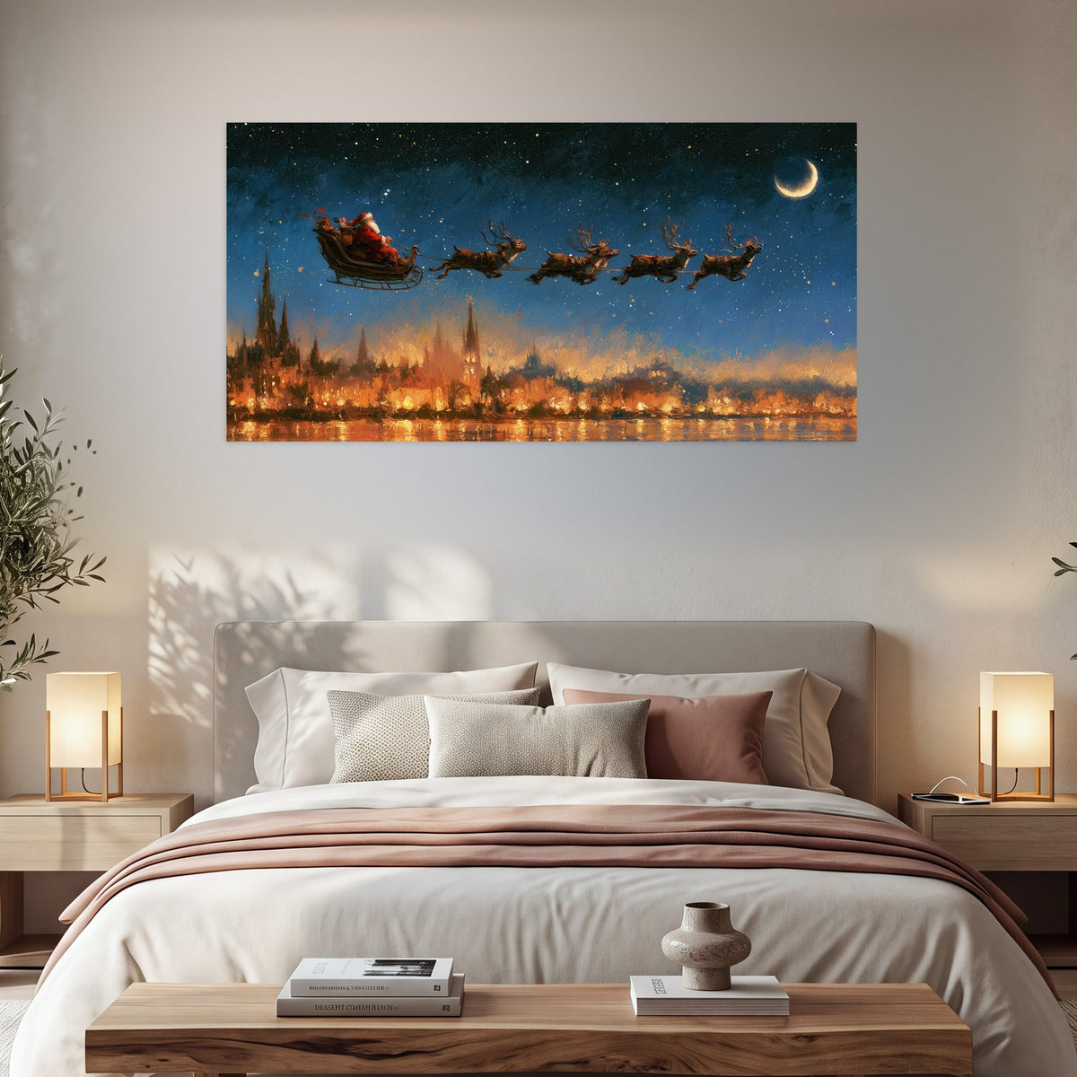 Santa sleigh starry night painting poster print in a bedroom above the bed