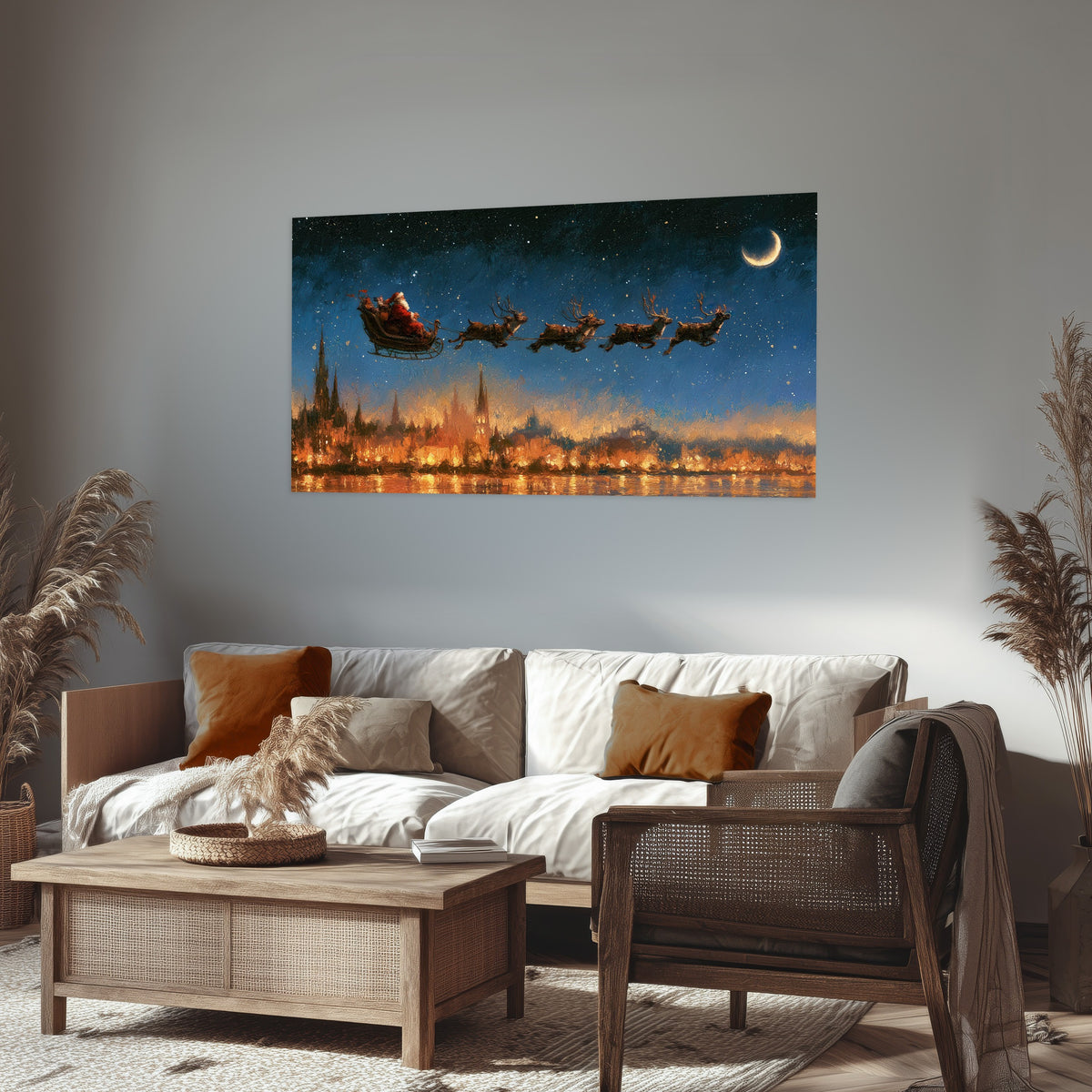 Santa sleigh starry night painting poster print in a rustic living room