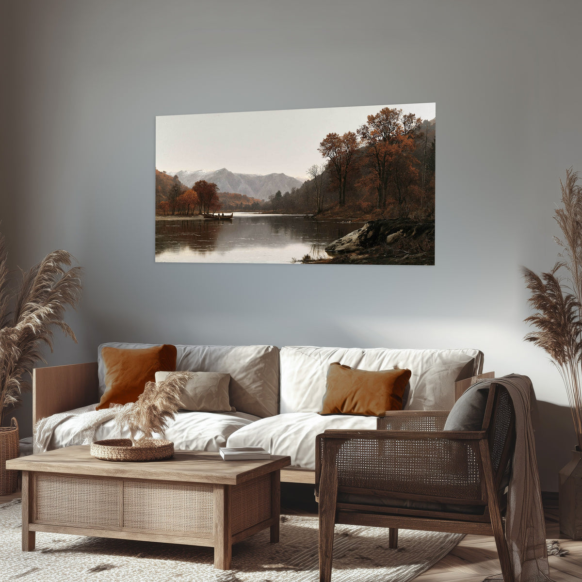 Autumn mountain lake rowboat painting poster print in a rustic living room